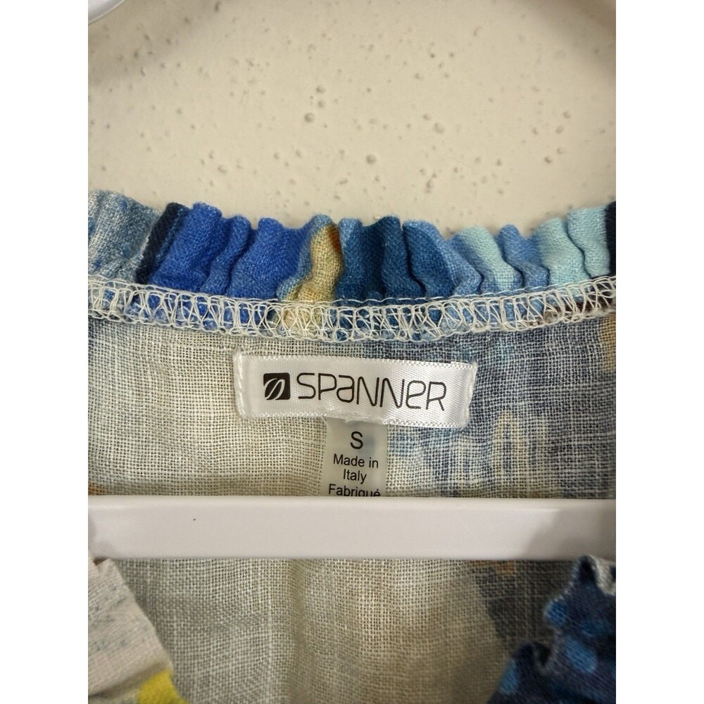 Spanner Linen Top Sz S Lagenlook Made In Italy Blue Print Short Sleeve Ruffles - Picture 2 of 6